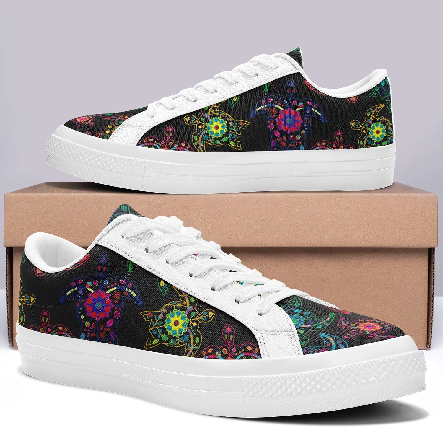 Neon Floral Turtles Aapisi Low Top Canvas Shoes White Sole