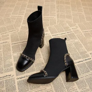 New French Square Toe Chunky Heel High Heel Temperament Short Boots For Women