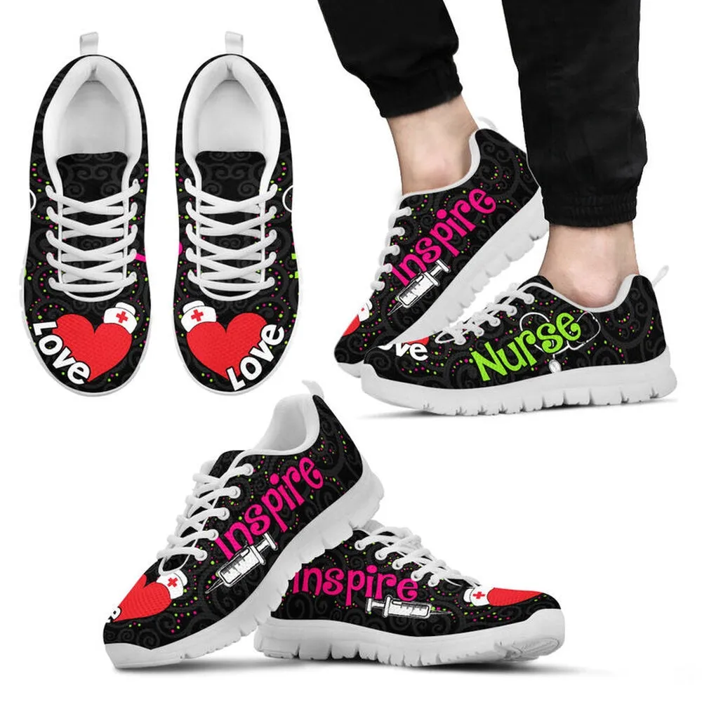 Nurse Sneaker, Nurse Love Inspire Black Sneakers Shoes, Best Shoes For Nurses