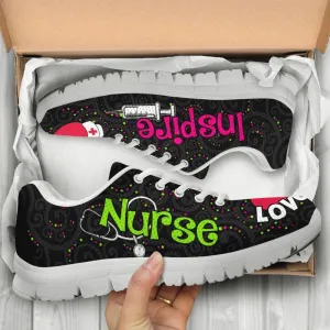 Nurse Sneaker, Nurse Love Inspire Black Sneakers Shoes, Best Shoes For Nurses