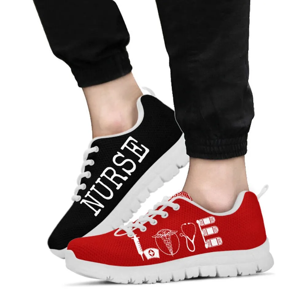 Nurse Sneaker, Nurse Love Red Black Sneakers Shoes, Best Shoes For Nurses