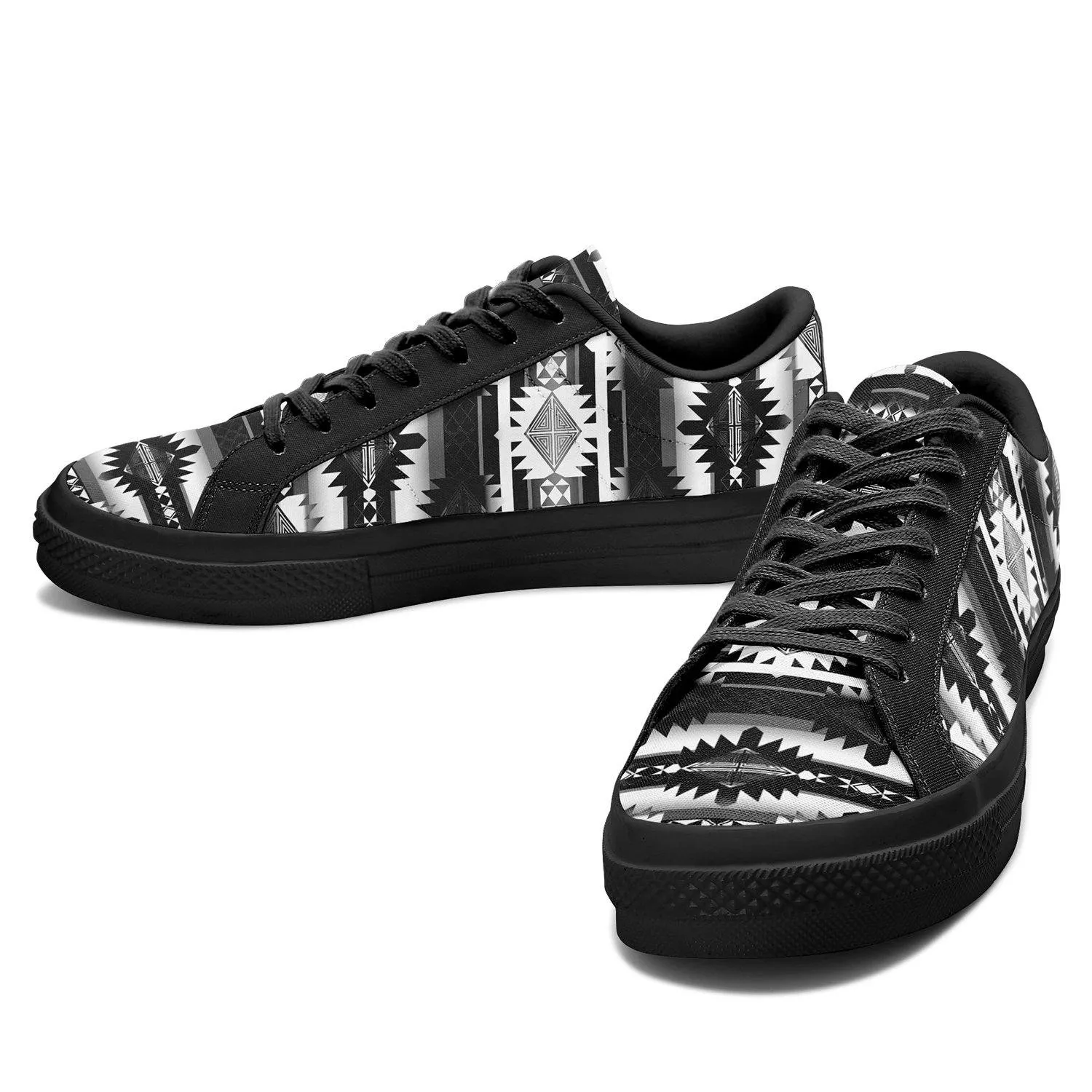 Okotoks Black and White Aapisi Low Top Canvas Shoes Black Sole