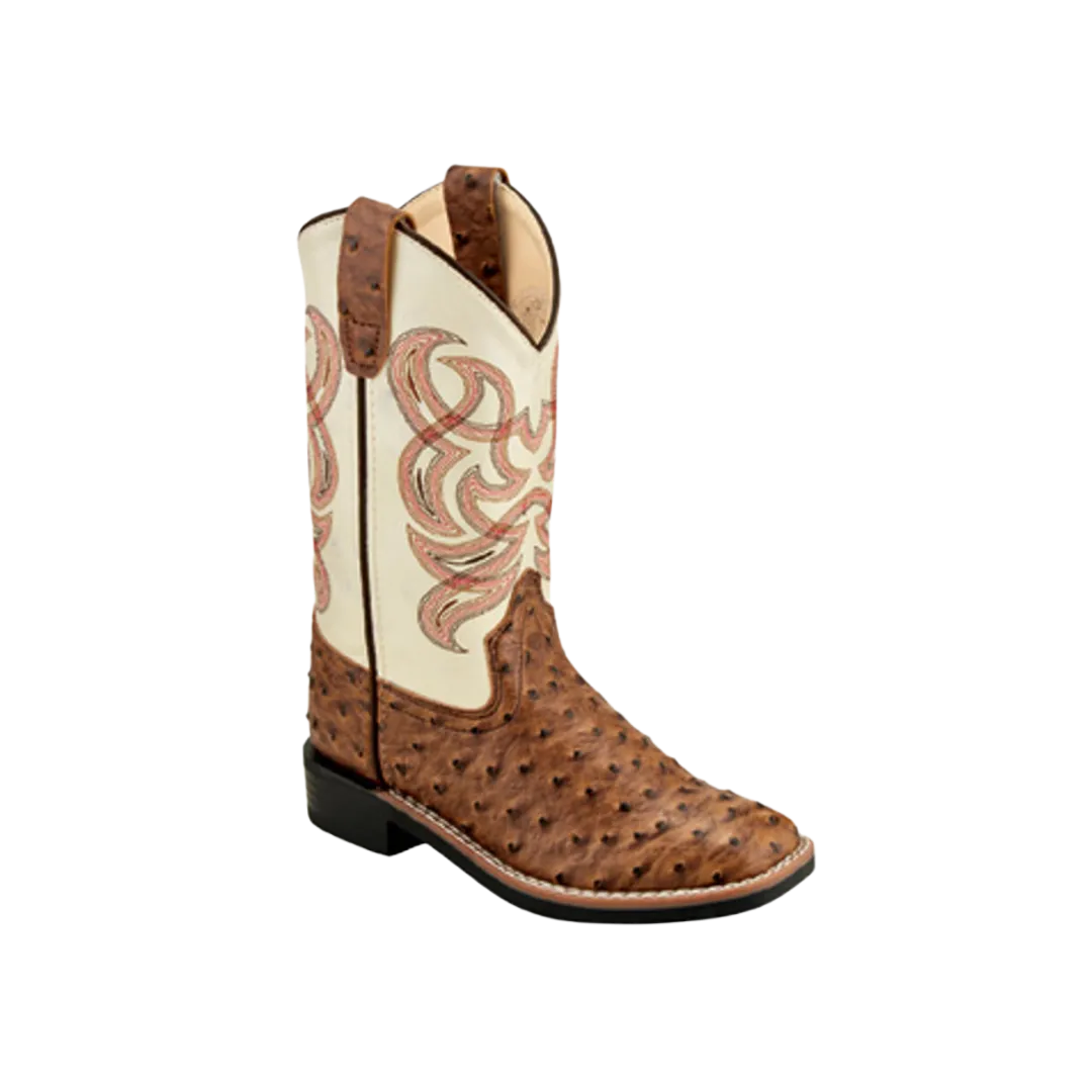 Old West Kid's Ostrich Print Square Toe Brown Boots