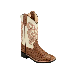 Old West Kid's Ostrich Print Square Toe Brown Boots