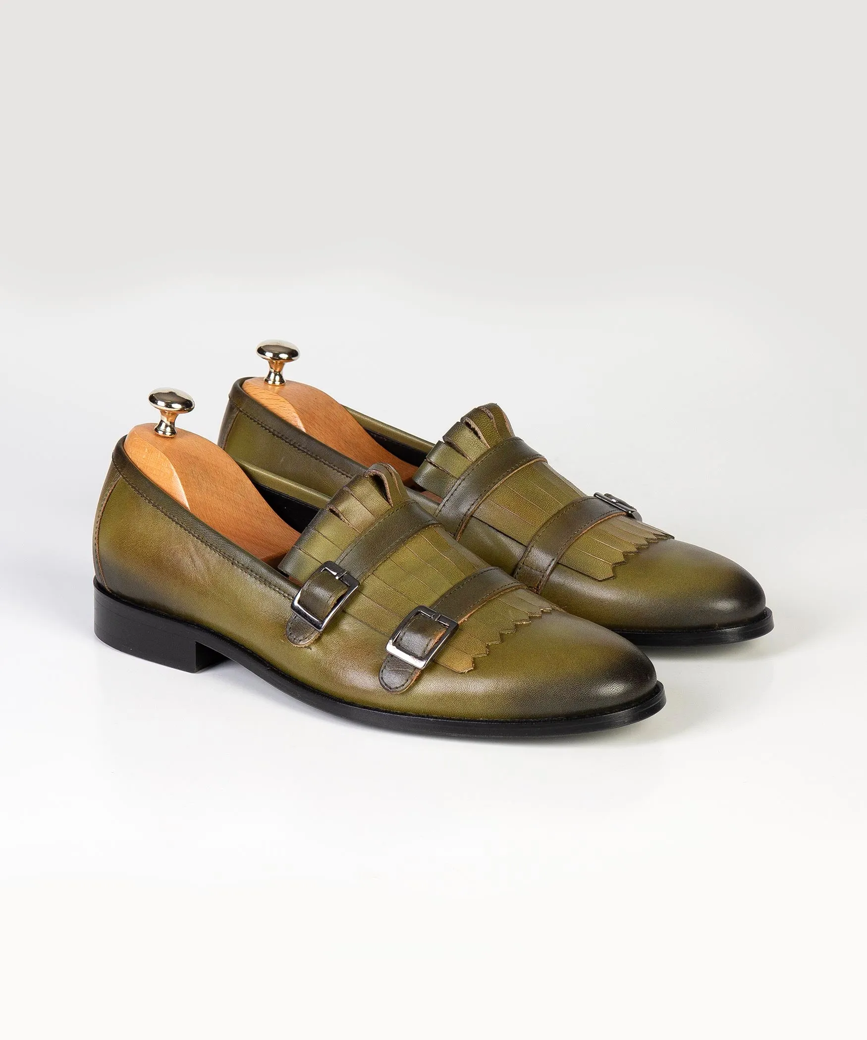 Olive Green Double Monk Strap Leather Loafers