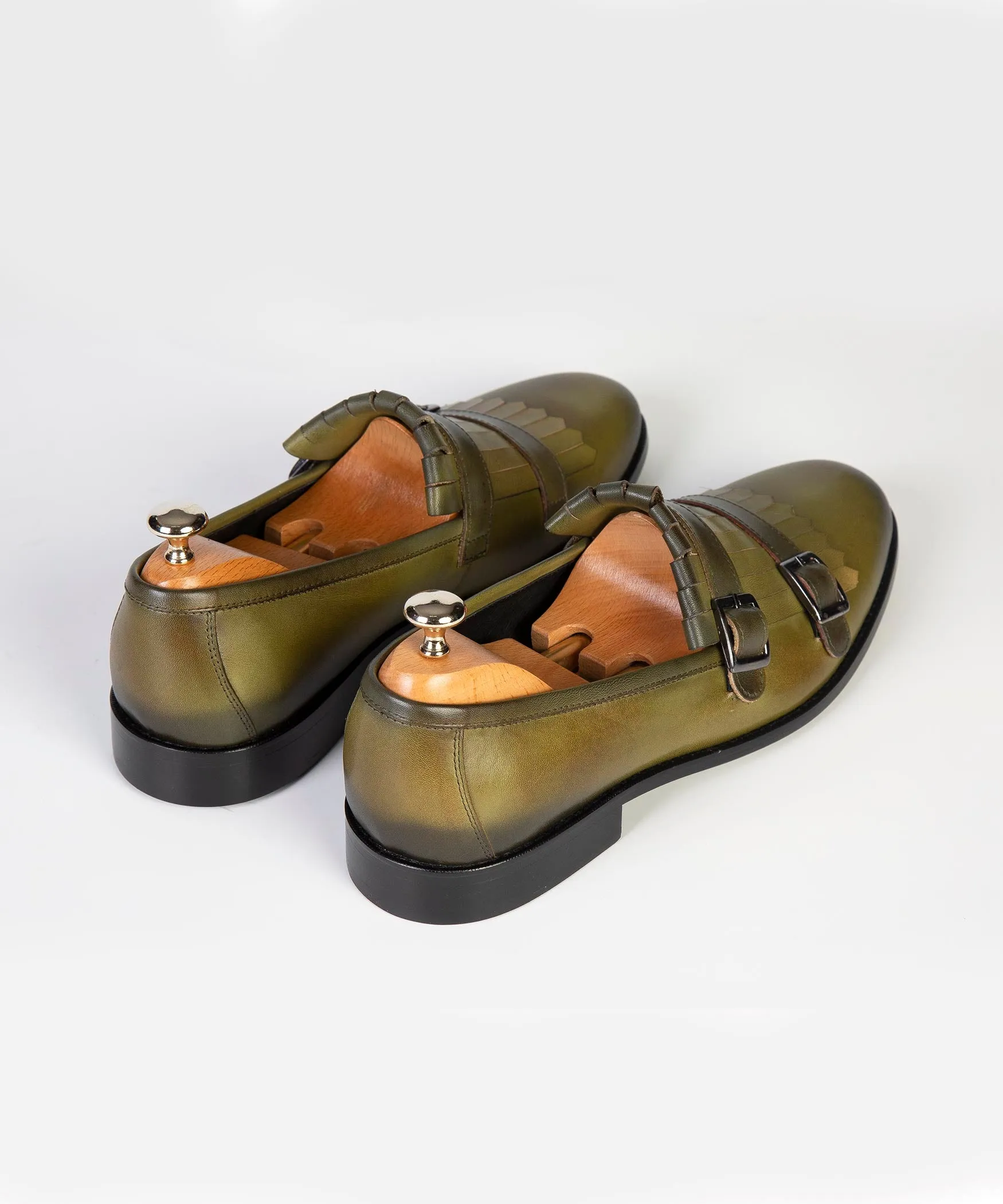 Olive Green Double Monk Strap Leather Loafers