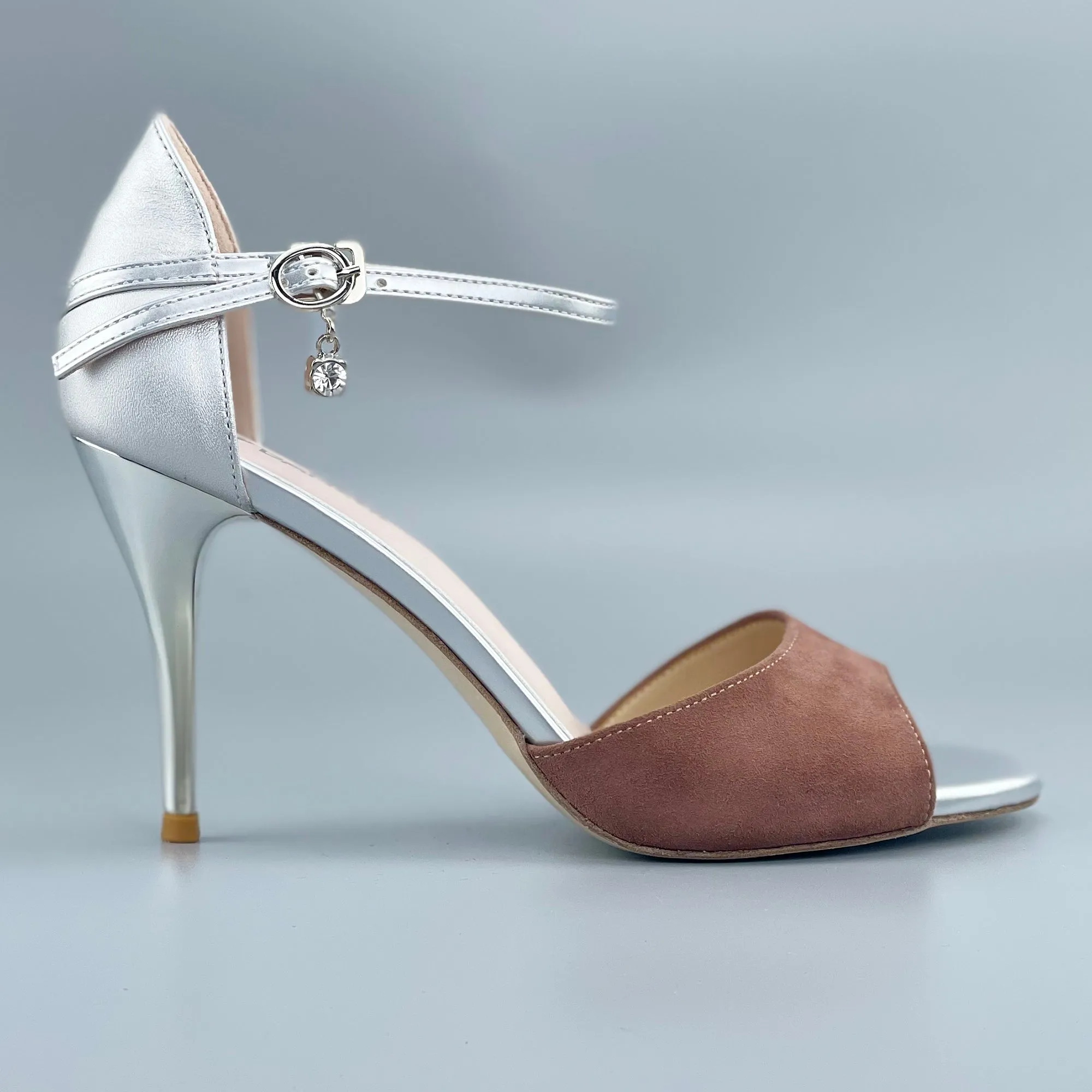 Open-toe Argentine Tango Shoes Closed-back High Heels Hard Leather Sole Brown and Silver