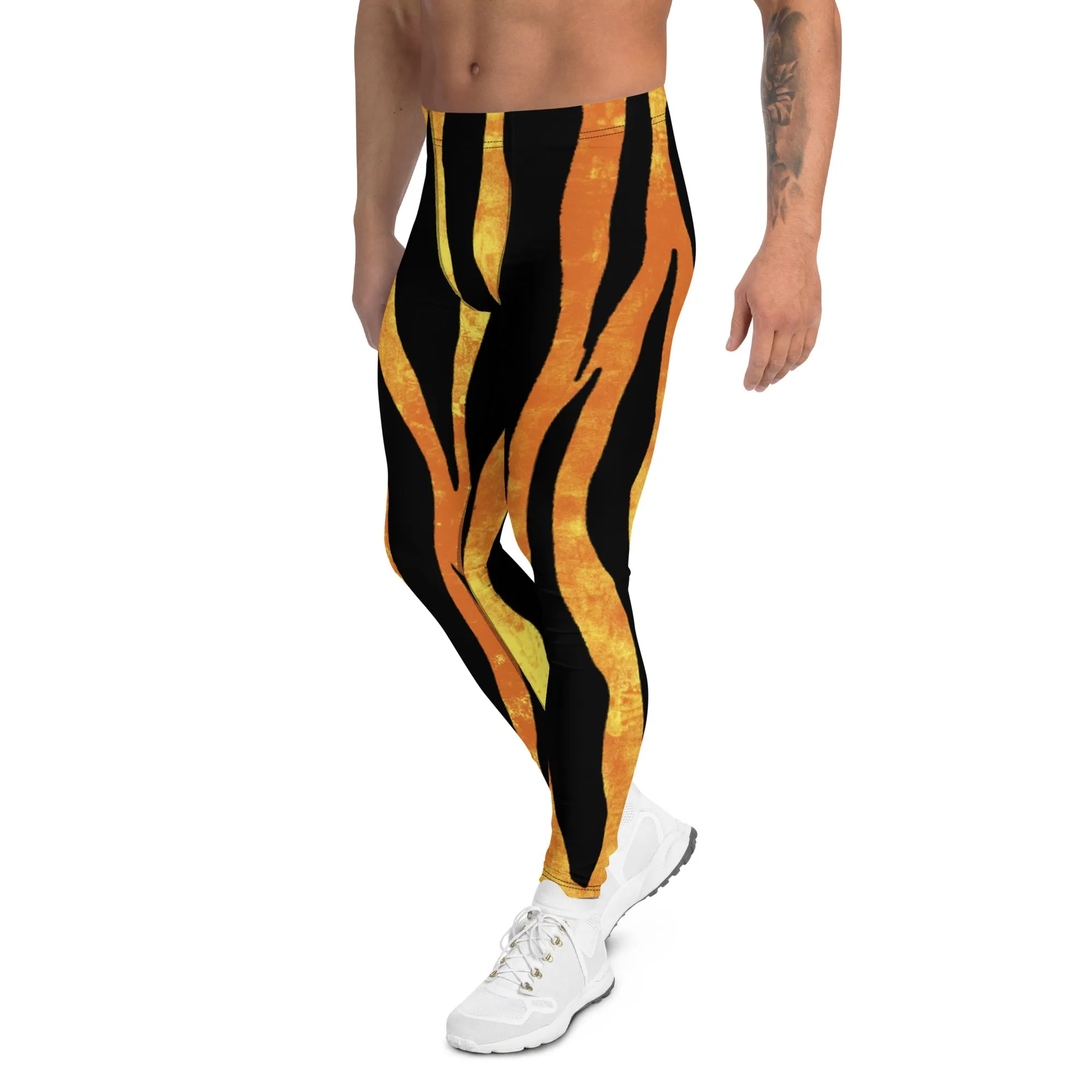 Orange Tiger Striped Men's Leggings, Animal Print Designer Colorful Meggings - Made in USA/EU/MX