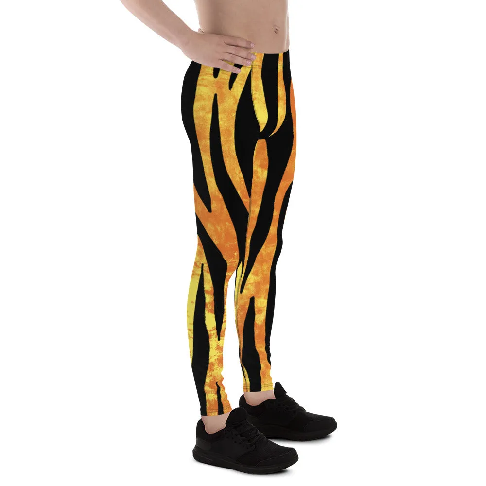 Orange Tiger Striped Men's Leggings, Animal Print Designer Colorful Meggings - Made in USA/EU/MX