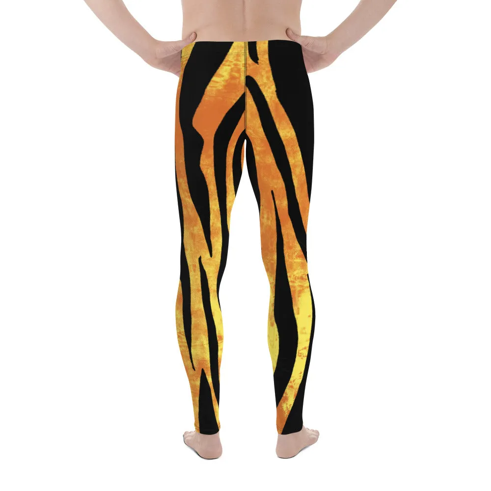 Orange Tiger Striped Men's Leggings, Animal Print Designer Colorful Meggings - Made in USA/EU/MX