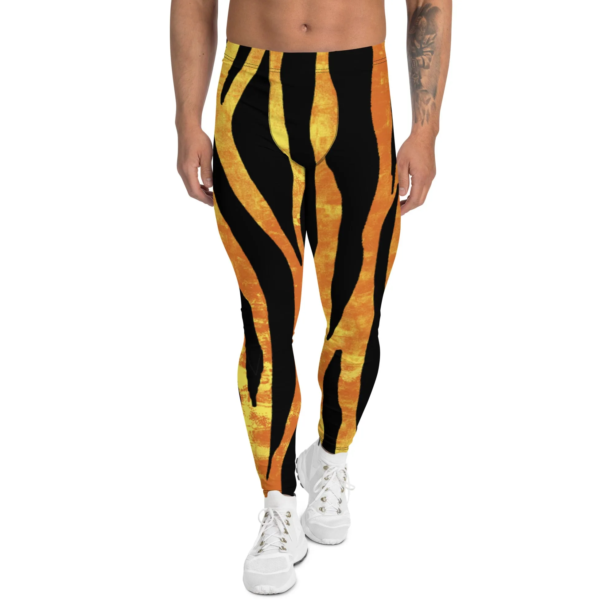 Orange Tiger Striped Men's Leggings, Animal Print Designer Colorful Meggings - Made in USA/EU/MX