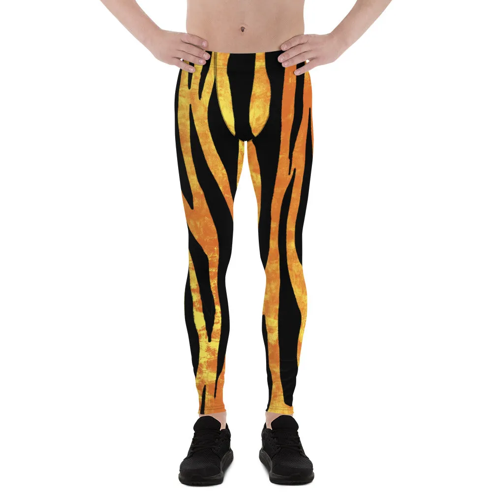 Orange Tiger Striped Men's Leggings, Animal Print Designer Colorful Meggings - Made in USA/EU/MX