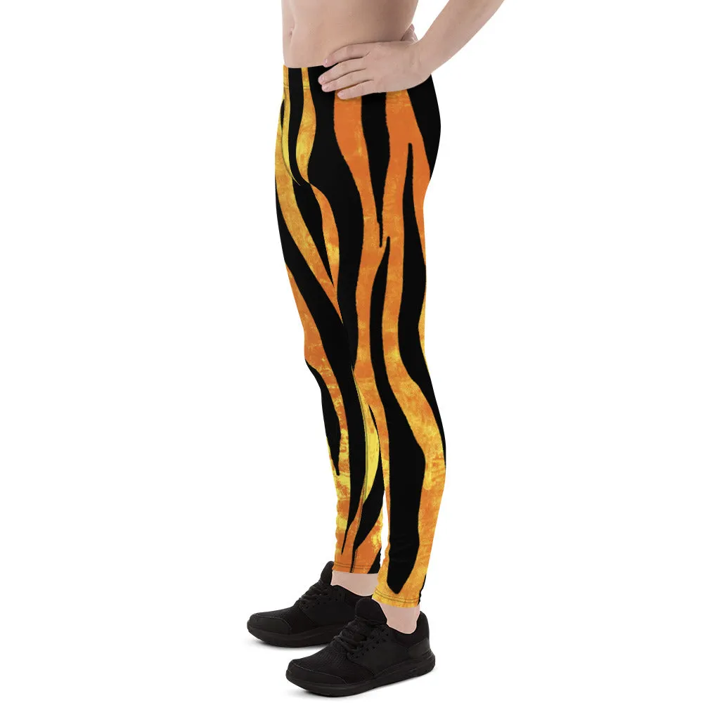 Orange Tiger Striped Men's Leggings, Animal Print Designer Colorful Meggings - Made in USA/EU/MX