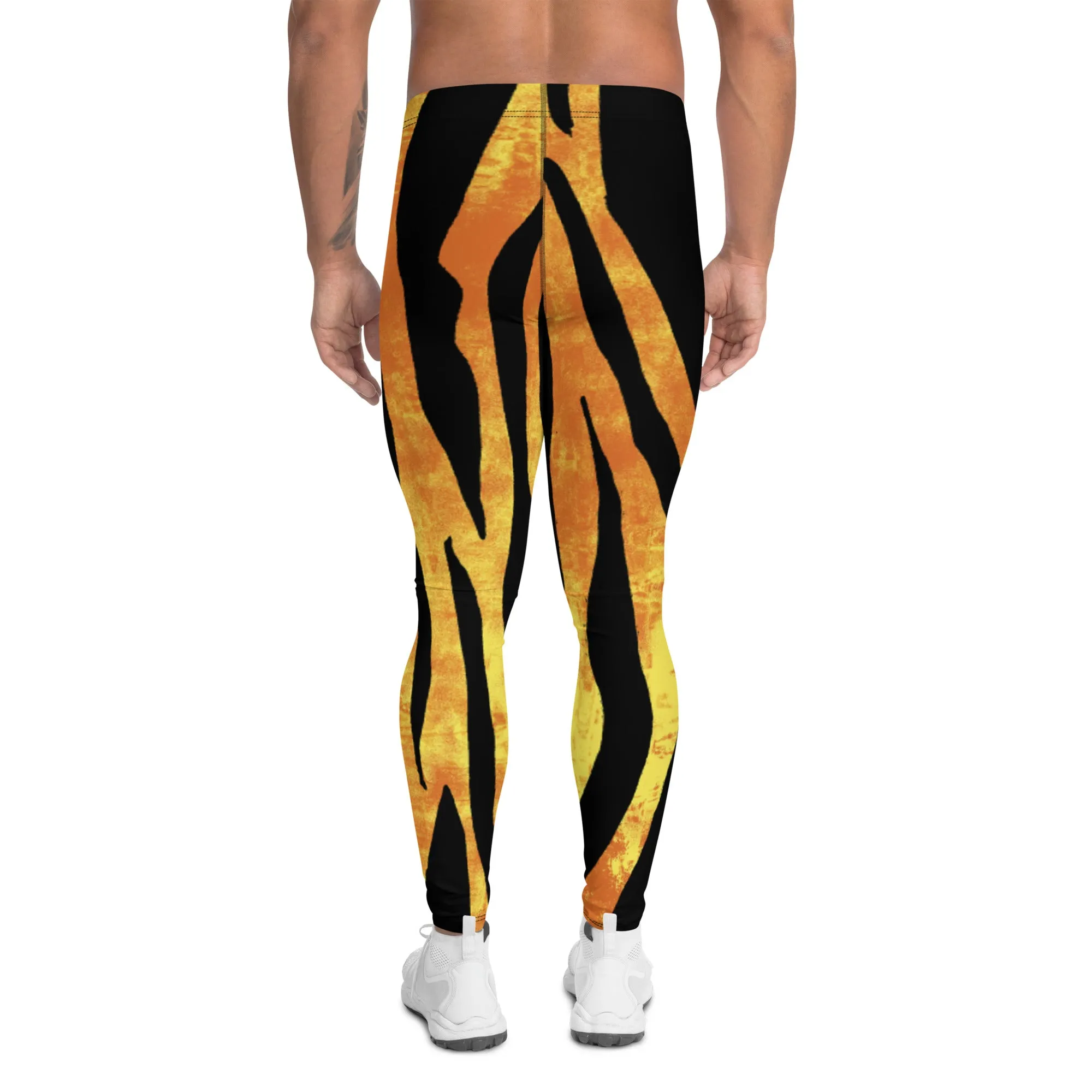 Orange Tiger Striped Men's Leggings, Animal Print Designer Colorful Meggings - Made in USA/EU/MX