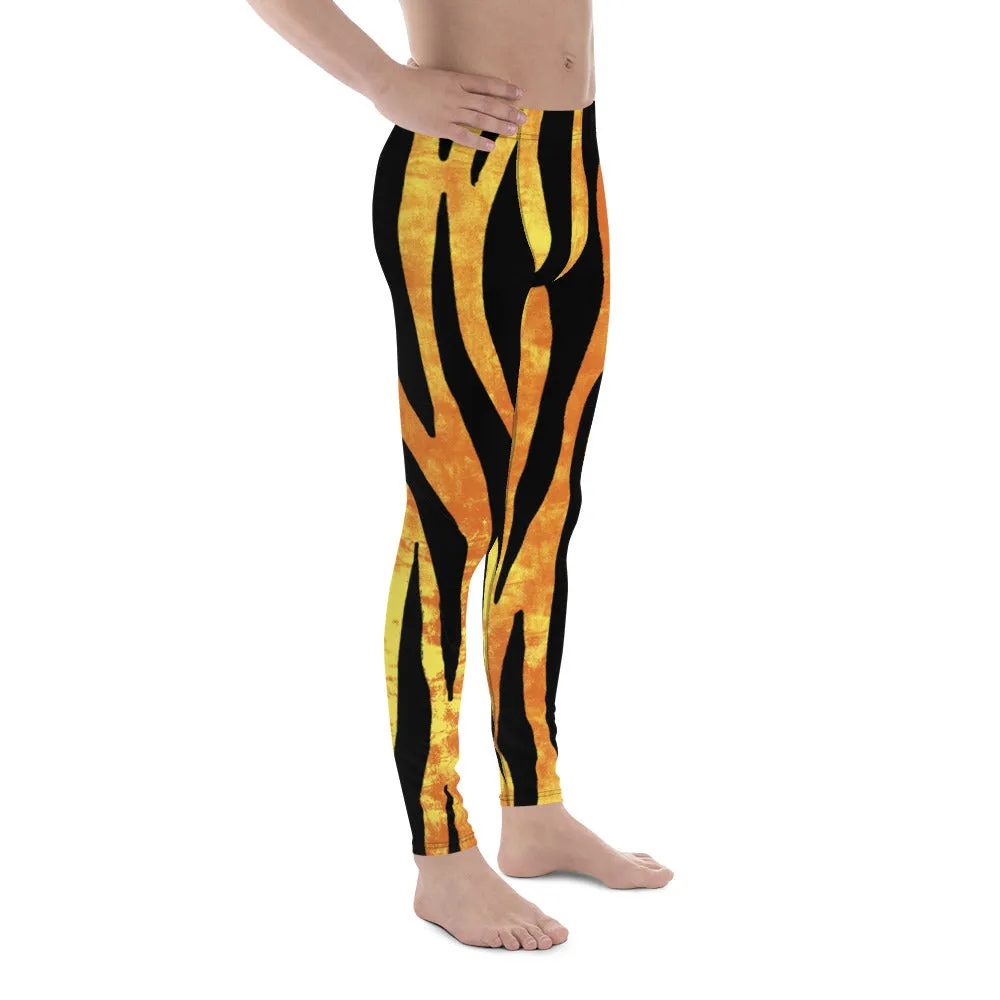 Orange Tiger Striped Men's Leggings, Animal Print Designer Colorful Meggings - Made in USA/EU/MX