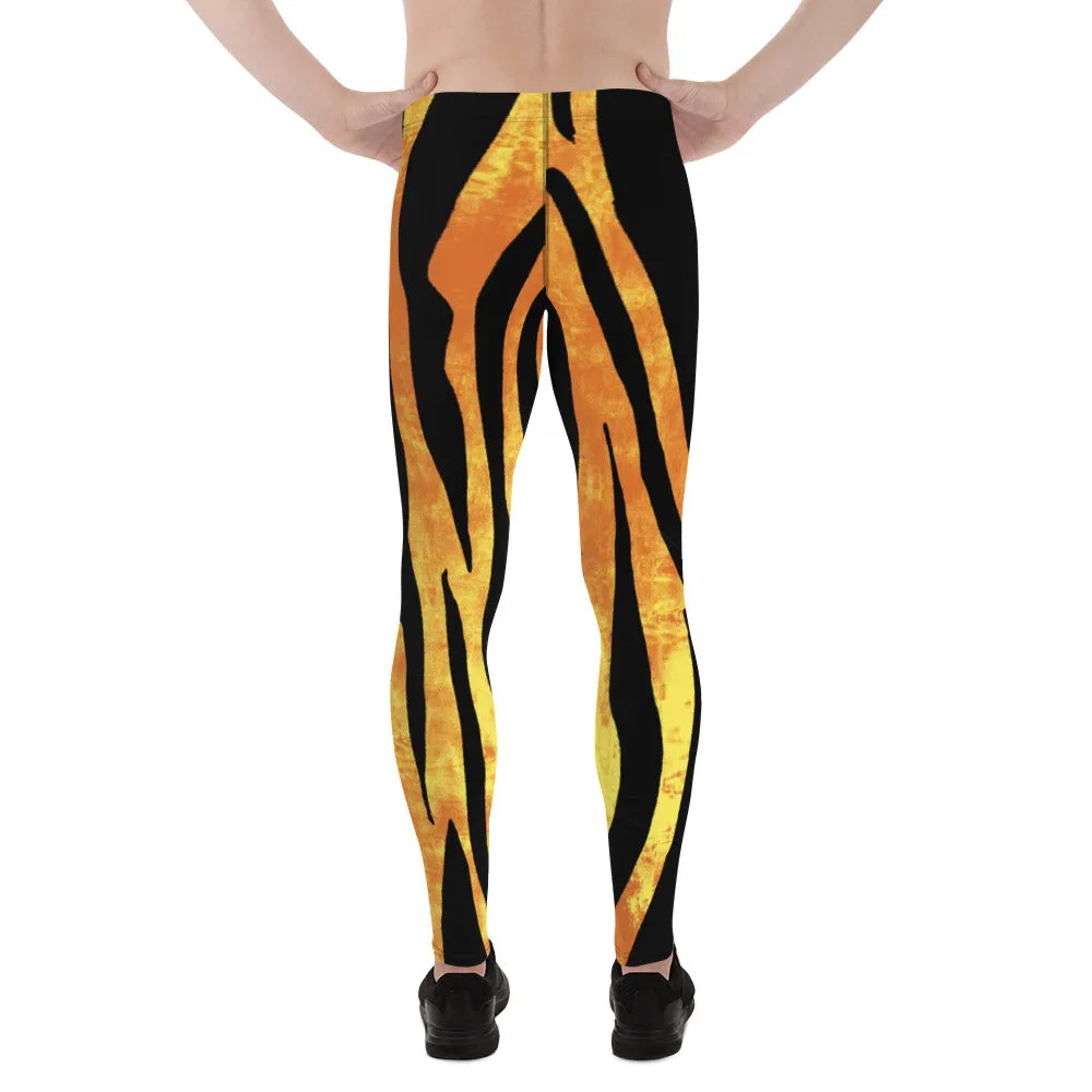 Orange Tiger Striped Men's Leggings, Animal Print Designer Colorful Meggings - Made in USA/EU/MX