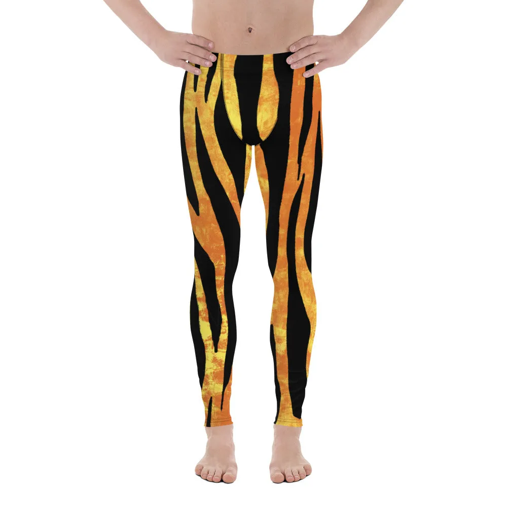 Orange Tiger Striped Men's Leggings, Animal Print Designer Colorful Meggings - Made in USA/EU/MX