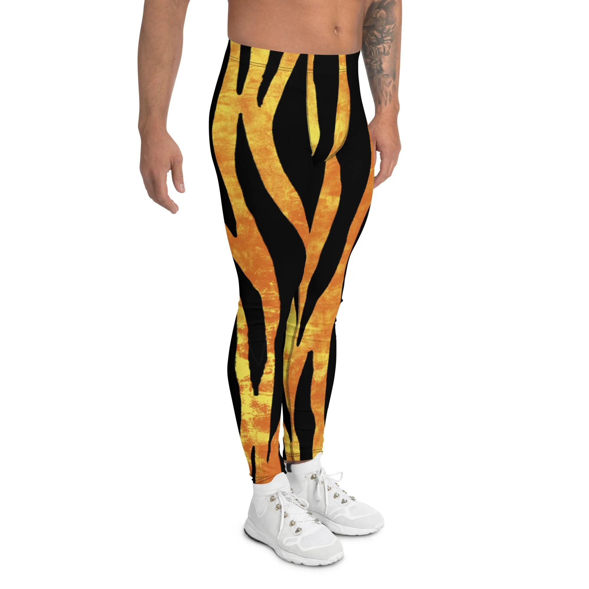 Orange Tiger Striped Men's Leggings, Animal Print Designer Colorful Meggings - Made in USA/EU/MX