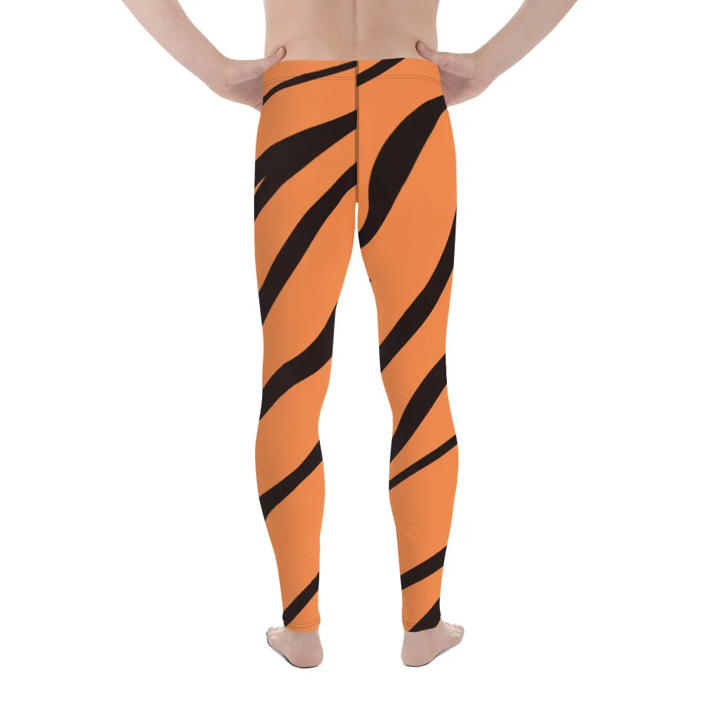 Orange Tiger Stripes Men's Leggings, Animal Print Designer Colorful Meggings - Made in USA/EU/MX