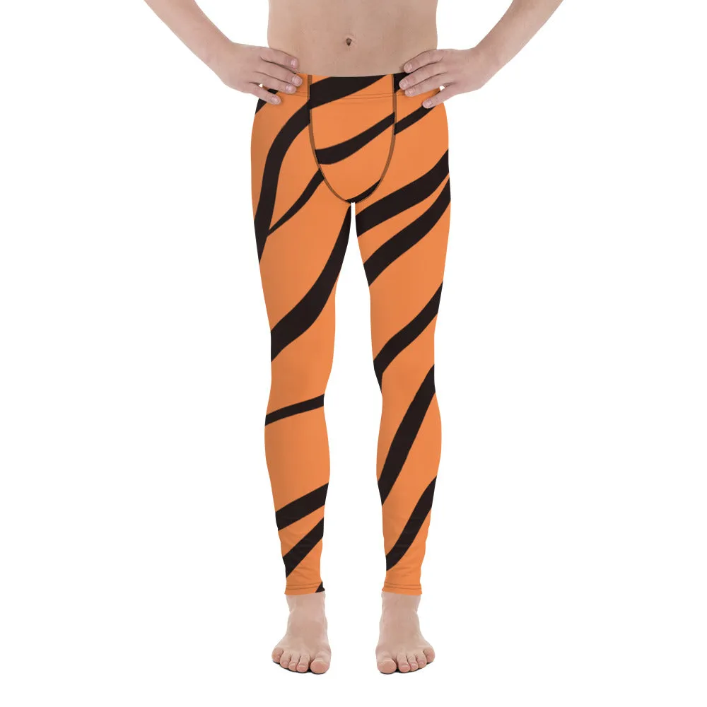 Orange Tiger Stripes Men's Leggings, Animal Print Designer Colorful Meggings - Made in USA/EU/MX