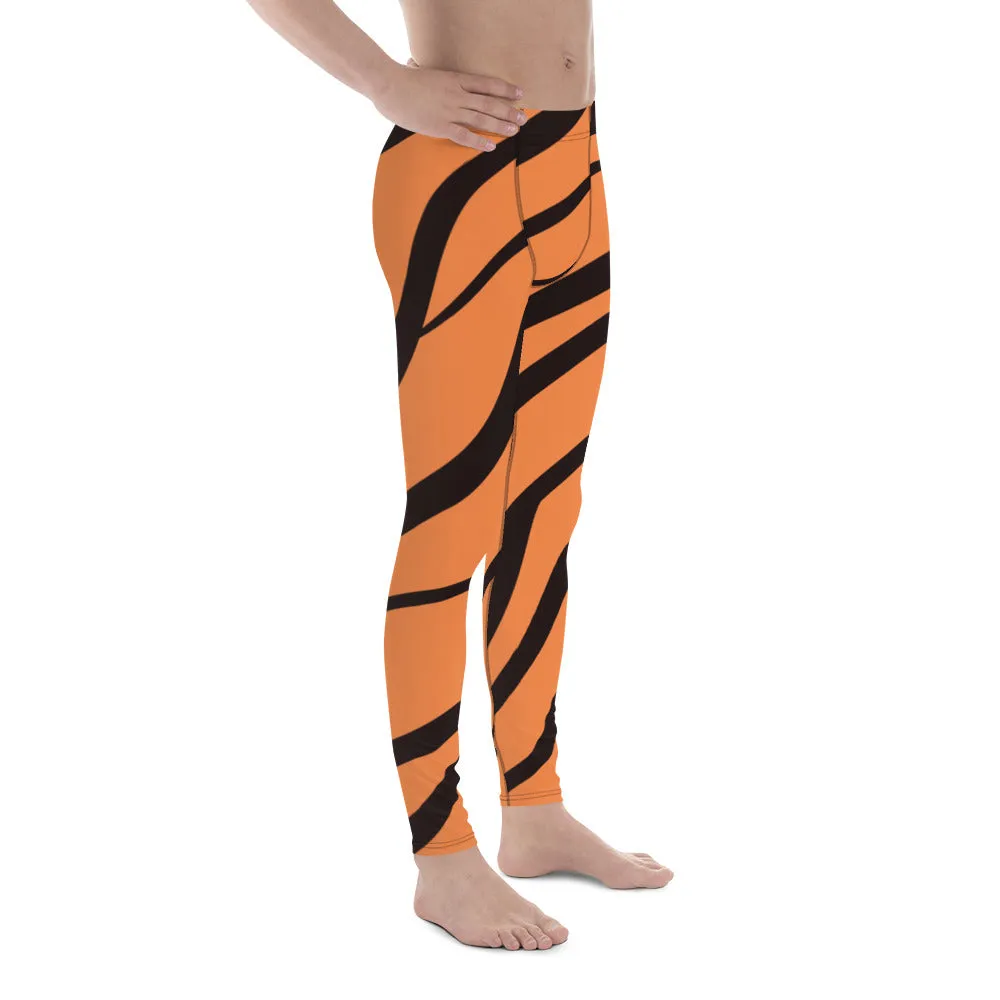 Orange Tiger Stripes Men's Leggings, Animal Print Designer Colorful Meggings - Made in USA/EU/MX