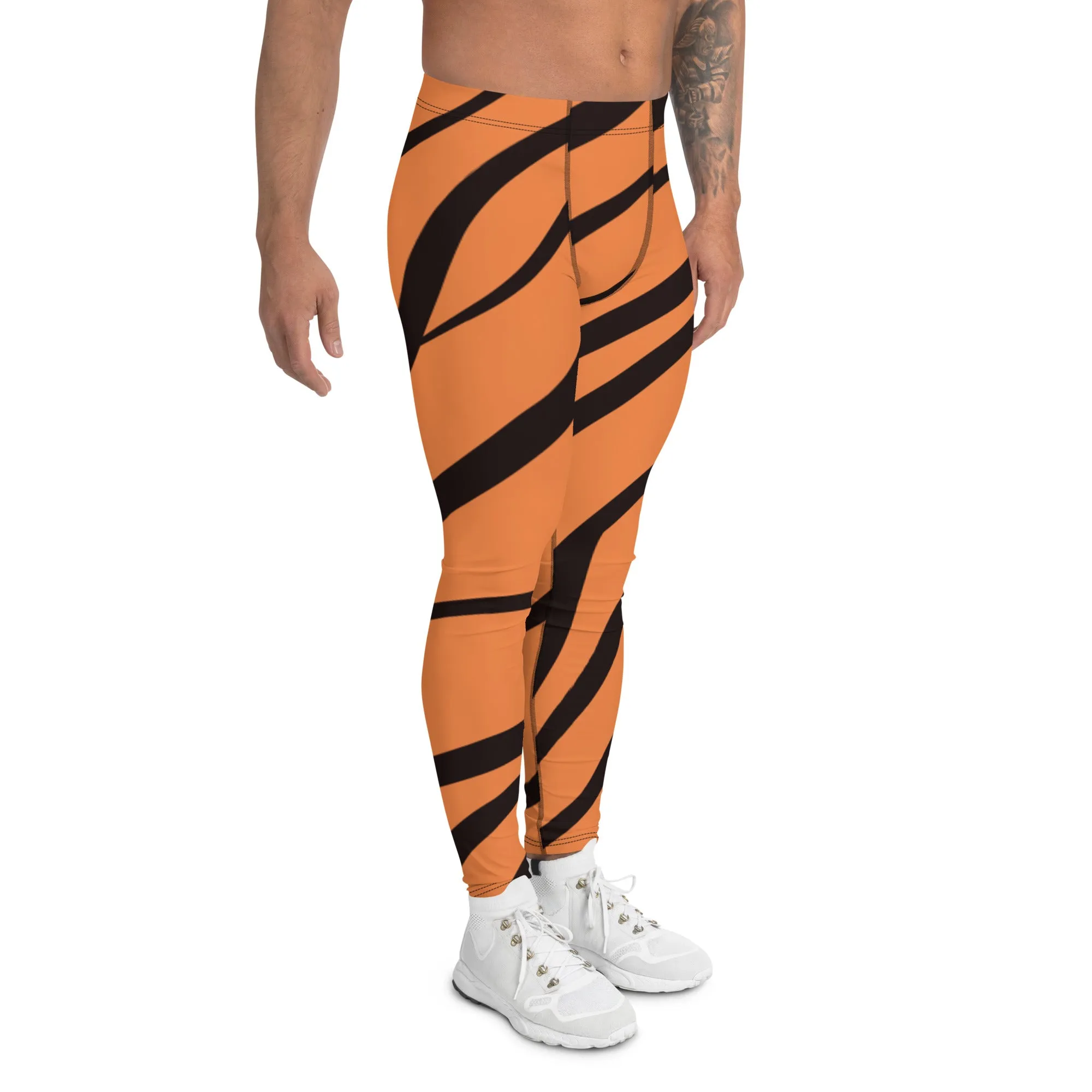 Orange Tiger Stripes Men's Leggings, Animal Print Designer Colorful Meggings - Made in USA/EU/MX