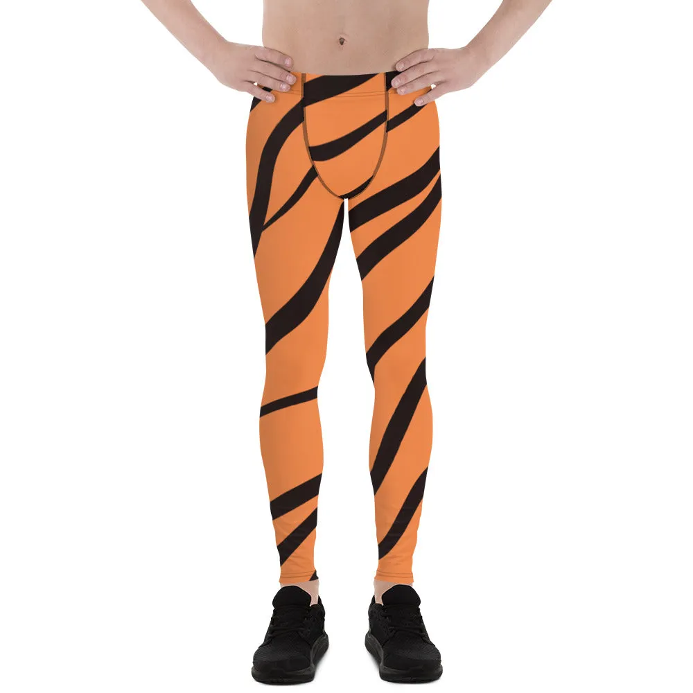 Orange Tiger Stripes Men's Leggings, Animal Print Designer Colorful Meggings - Made in USA/EU/MX