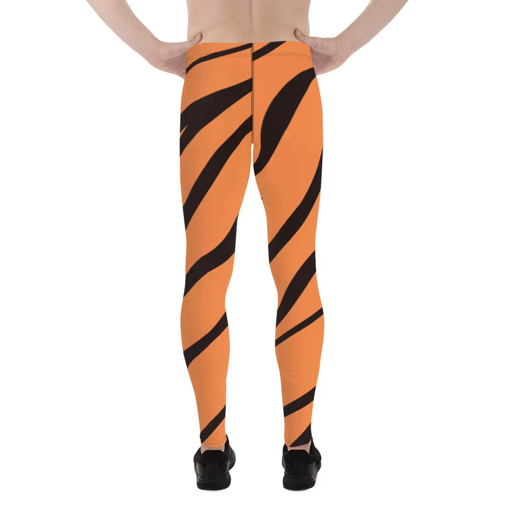 Orange Tiger Stripes Men's Leggings, Animal Print Designer Colorful Meggings - Made in USA/EU/MX