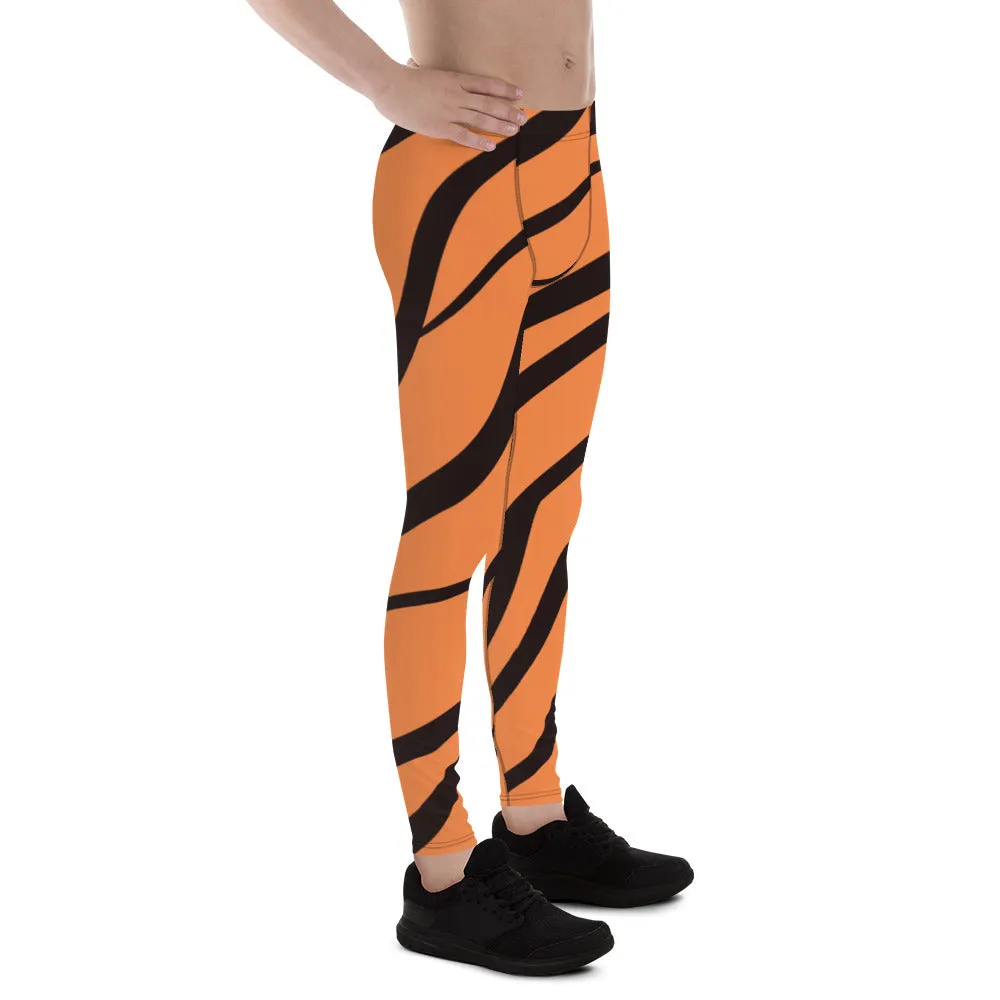 Orange Tiger Stripes Men's Leggings, Animal Print Designer Colorful Meggings - Made in USA/EU/MX