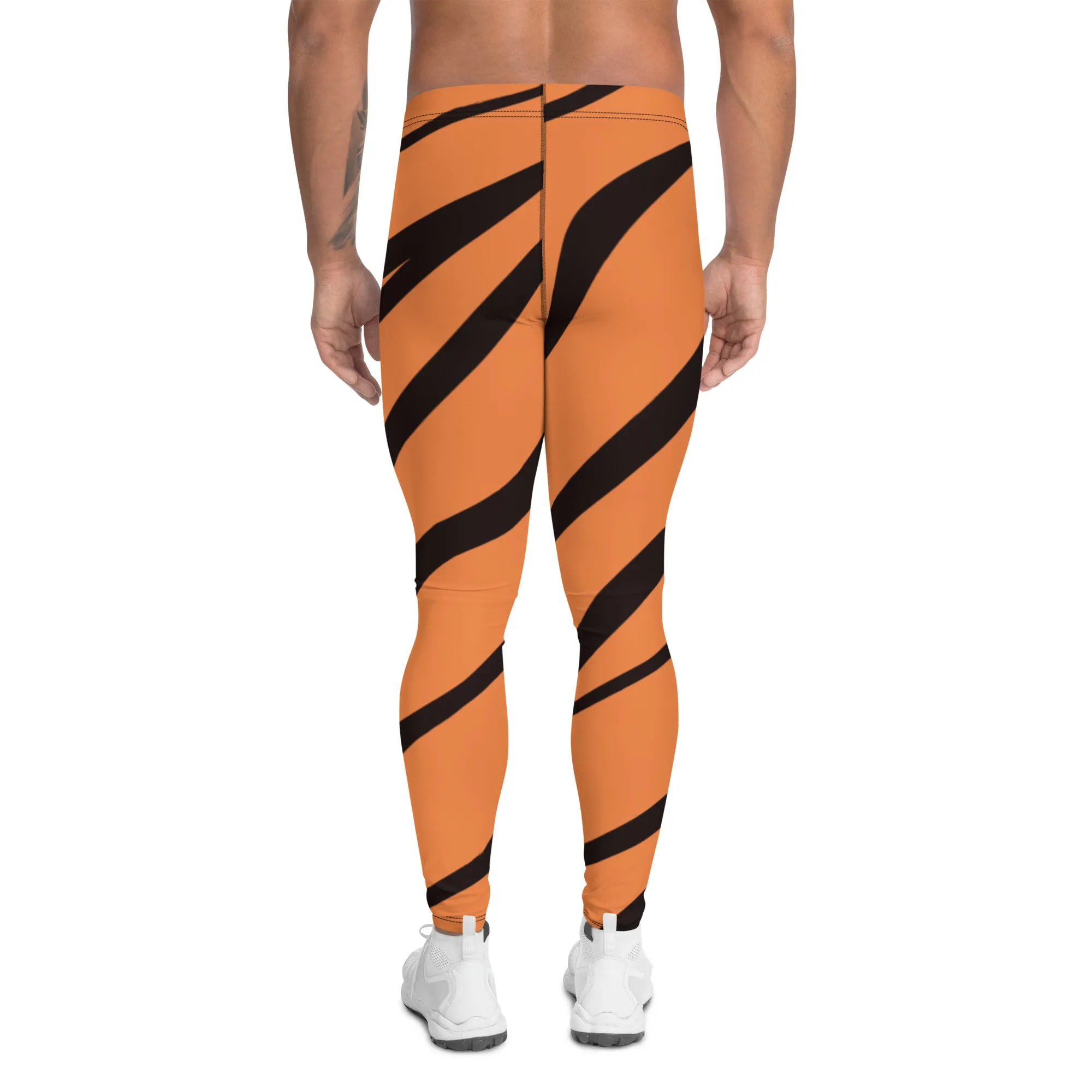 Orange Tiger Stripes Men's Leggings, Animal Print Designer Colorful Meggings - Made in USA/EU/MX