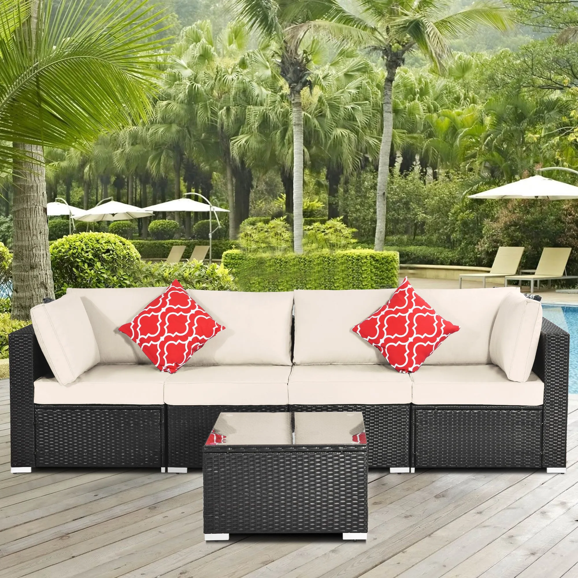 Outdoor Garden Patio Furniture 5-Piece PE Rattan Wicker Cushioned Sofa Sets with 2 Pillows and Coffee Table, outdoor couch；outdoor sectional；porch furniture；patio couch；outdoor sofa；patio furniture se