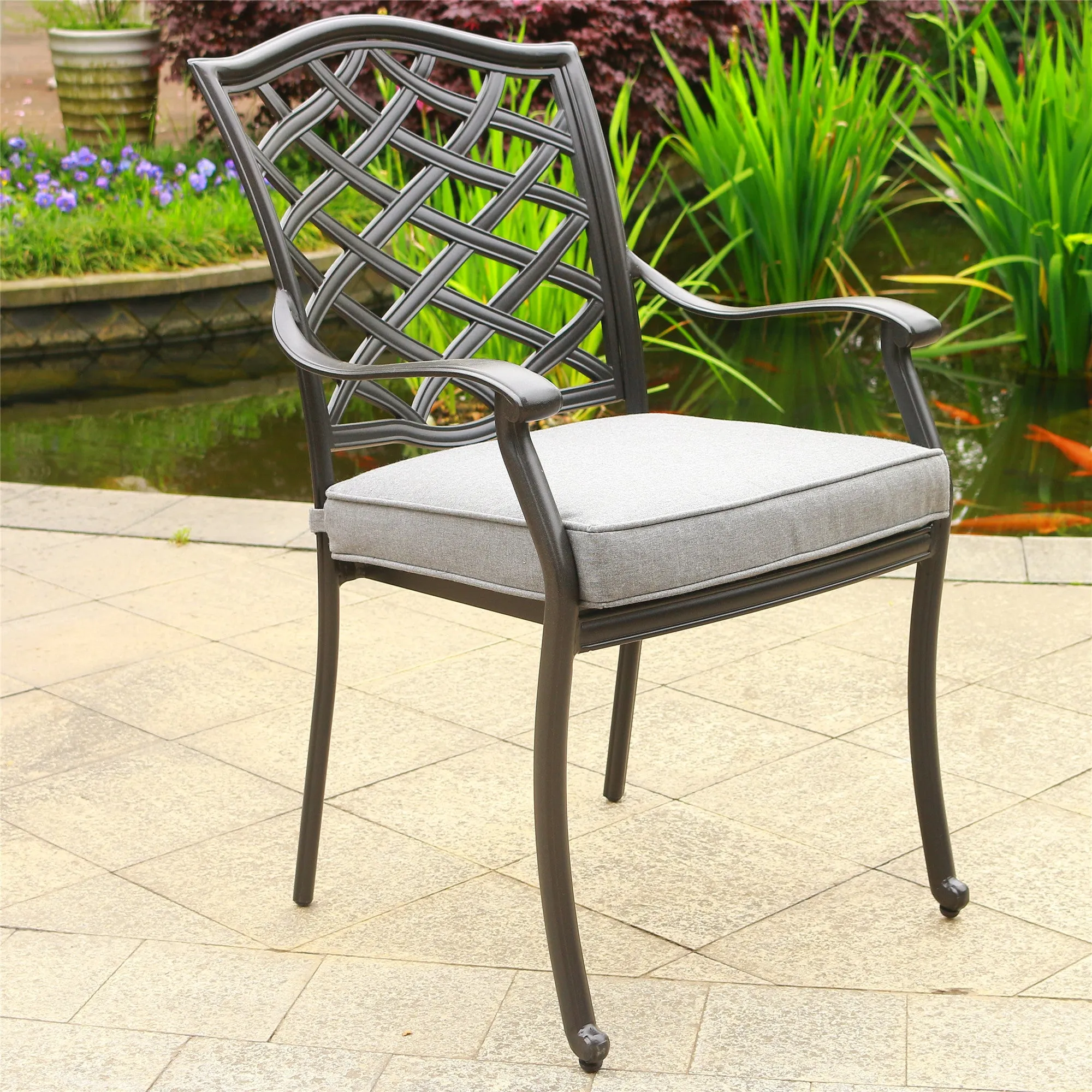 Outdoor Patio Aluminum Dining Arm Chair With Cushion, Set of 2, Cast Slate