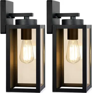 Outdoor Wall Light Fixtures, Exterior Waterproof Lanterns, Porch Sconces Wall Mounted Lighting with E26 Sockets & Glass Shades, Modern Matte Black Wall Lamps for Patio Front Door Entryway, 2-Pack