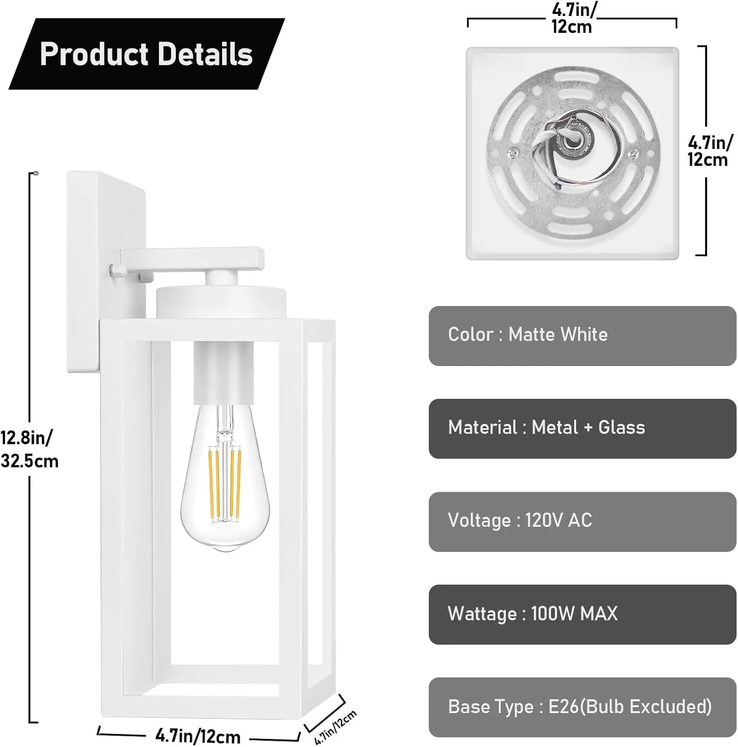 Outdoor Wall Light Fixtures, Exterior Waterproof Wall Lanterns, Porch Sconces Wall Mounted Lighting with E26 Sockets & Glass Shades, Modern White Wall Lamps for Patio Front Door Entryway, 2-Pack