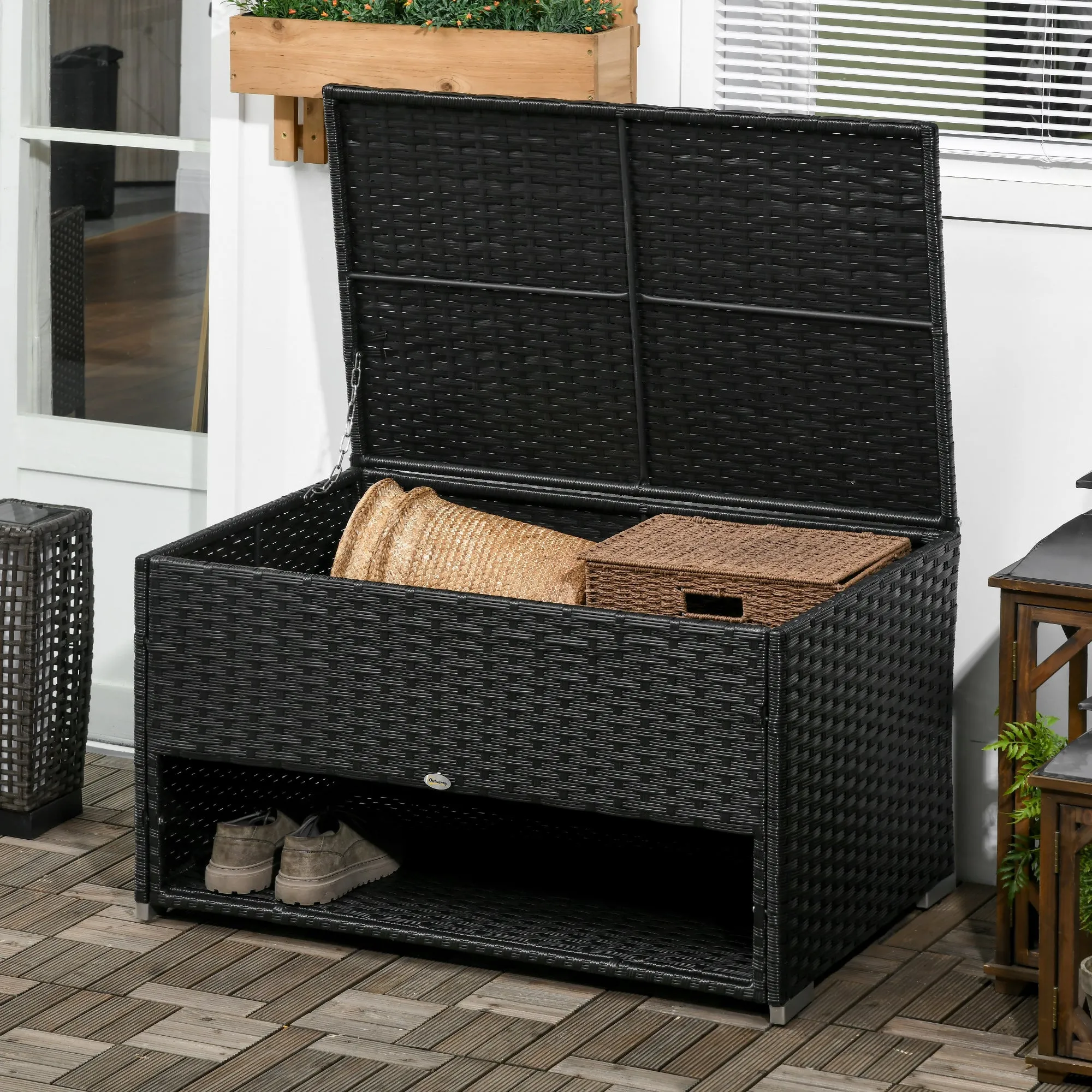 Outsunny PE Rattan Garden Storage Box for Pool w/ Shoe Layer