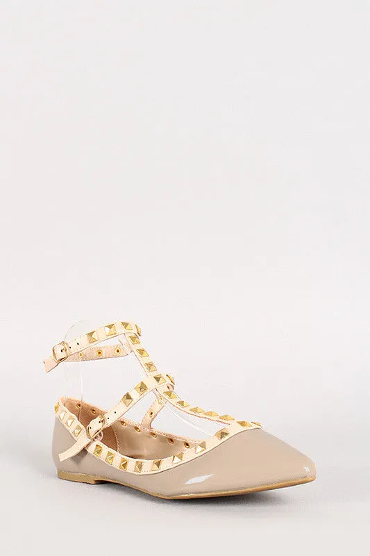 Patent Pyramid Studded T-Strap Flat