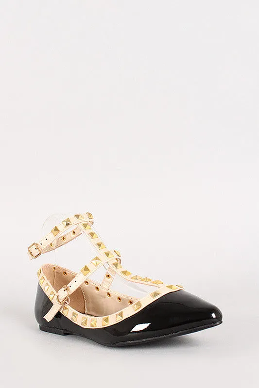 Patent Pyramid Studded T-Strap Flat