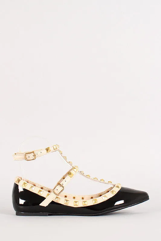 Patent Pyramid Studded T-Strap Flat