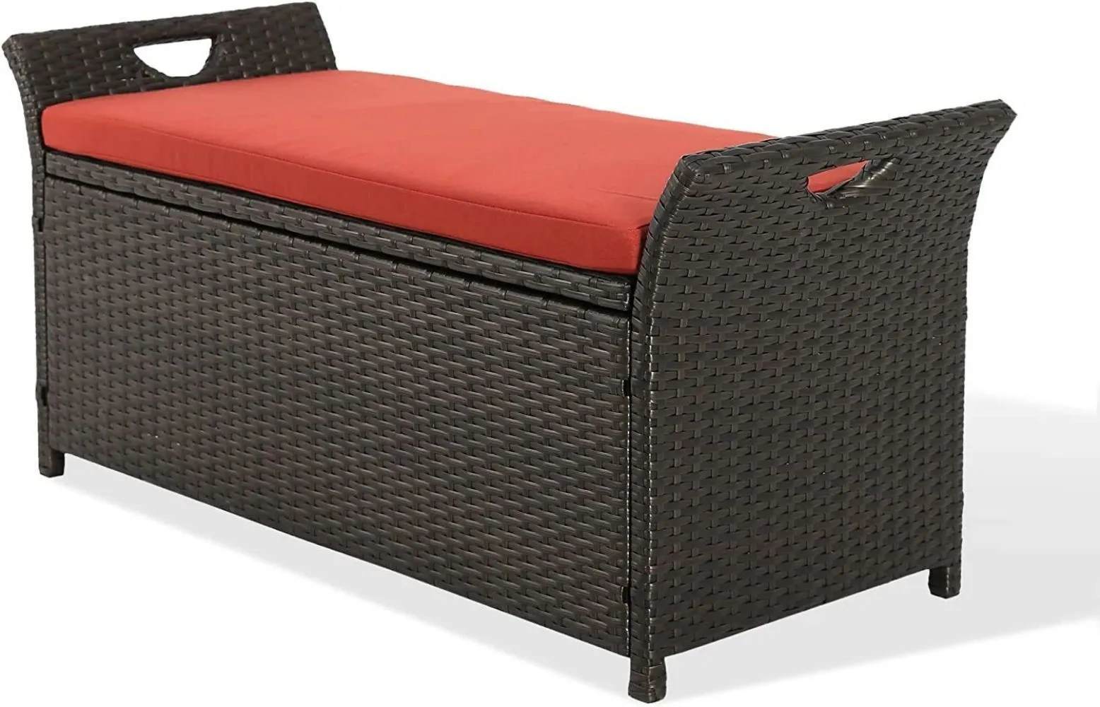 Patio Wicker Storage Bench Outdoor Rattan Deck Storage Box with Red Cushion