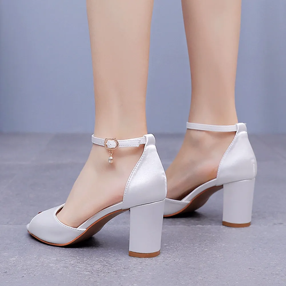 Peep Toe Chunky Heel Ankle-Strap Bridal Sandals