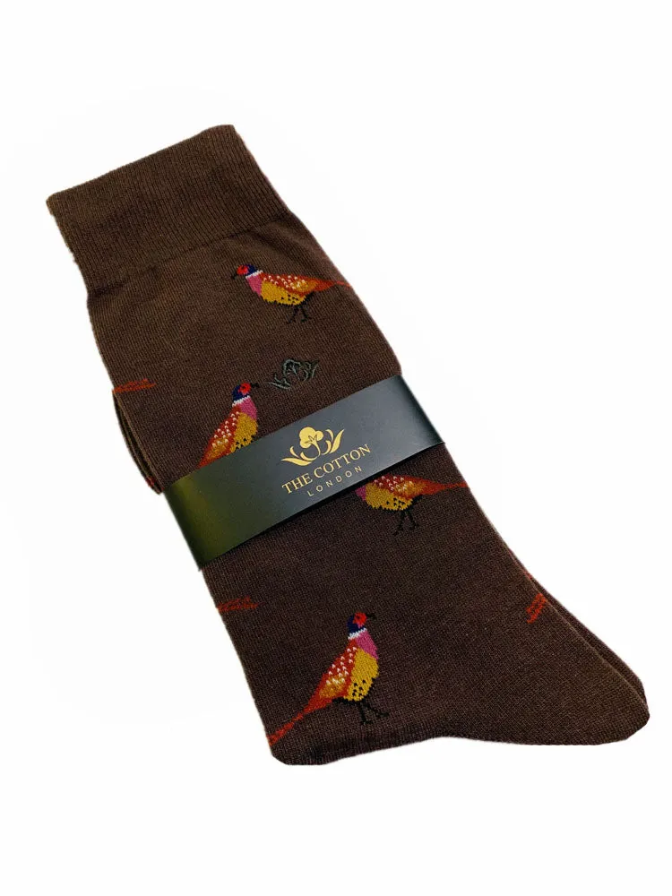 Pheasant Motif Soft Cotton Socks – Mocha