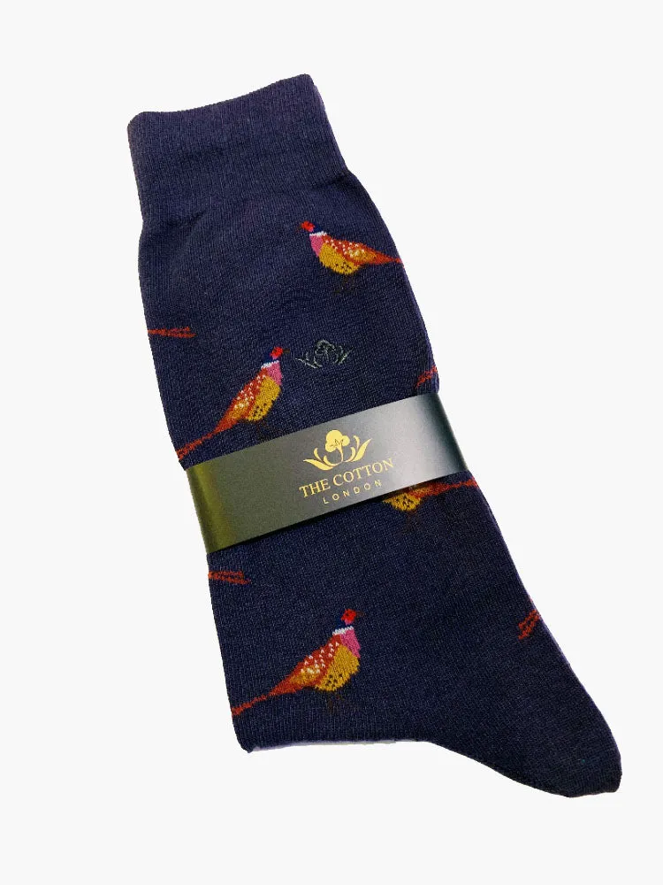 Pheasant Motif Soft Cotton Socks – Navy