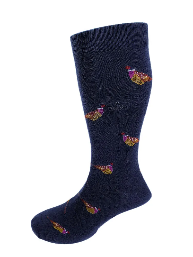 Pheasant Motif Soft Cotton Socks – Navy