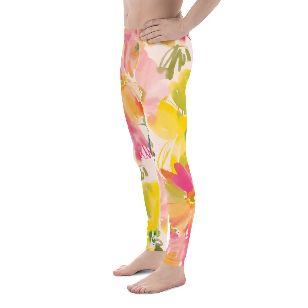 Pink Orange Floral Men's Leggings, Classic Flower Print Best Designer Compression Tights For Men-Made in USA/EU/MX