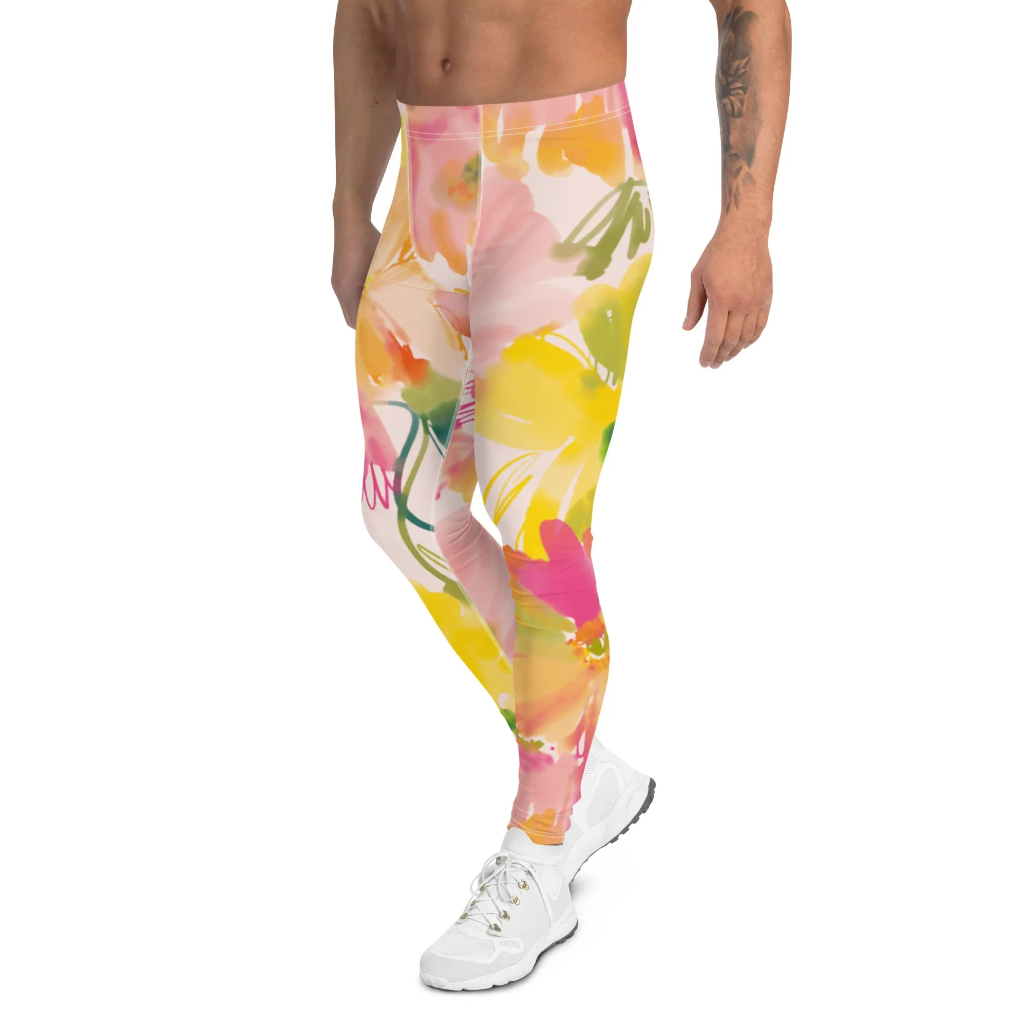 Pink Orange Floral Men's Leggings, Classic Flower Print Best Designer Compression Tights For Men-Made in USA/EU/MX