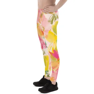 Pink Orange Floral Men's Leggings, Classic Flower Print Best Designer Compression Tights For Men-Made in USA/EU/MX