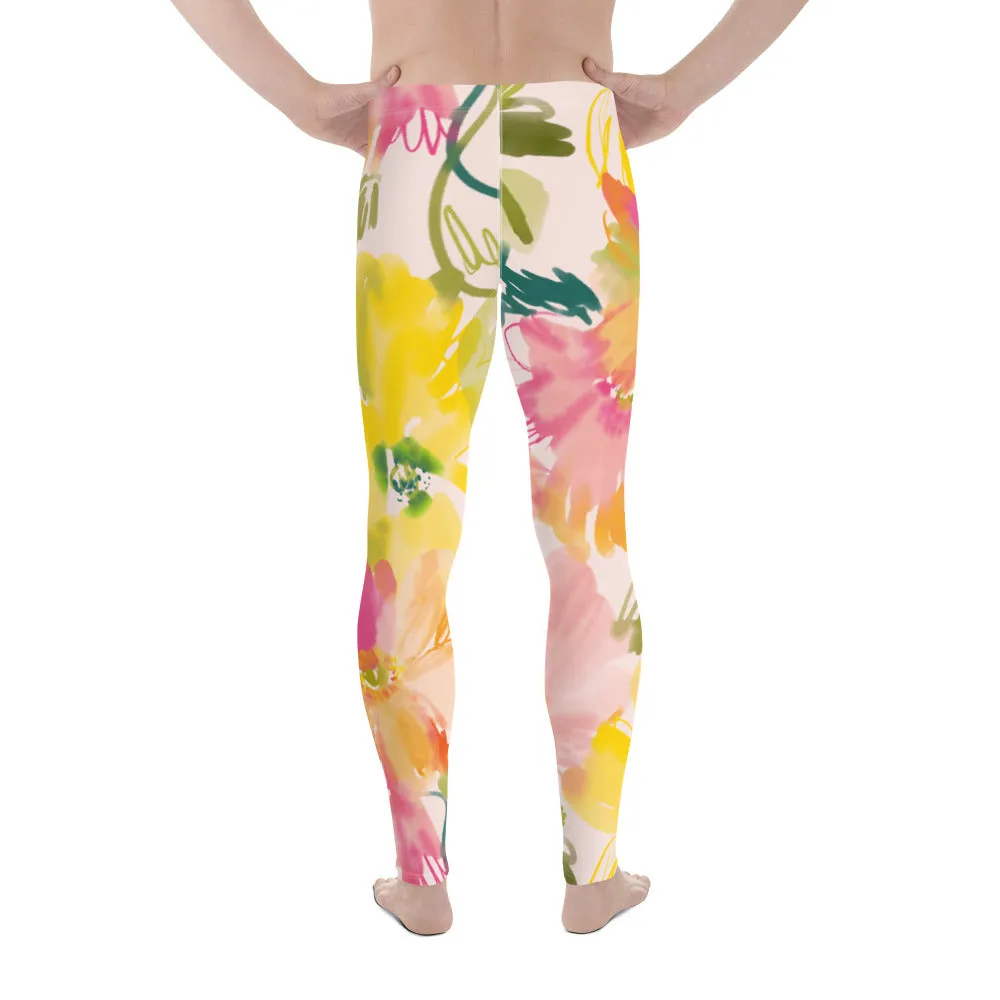 Pink Orange Floral Men's Leggings, Classic Flower Print Best Designer Compression Tights For Men-Made in USA/EU/MX