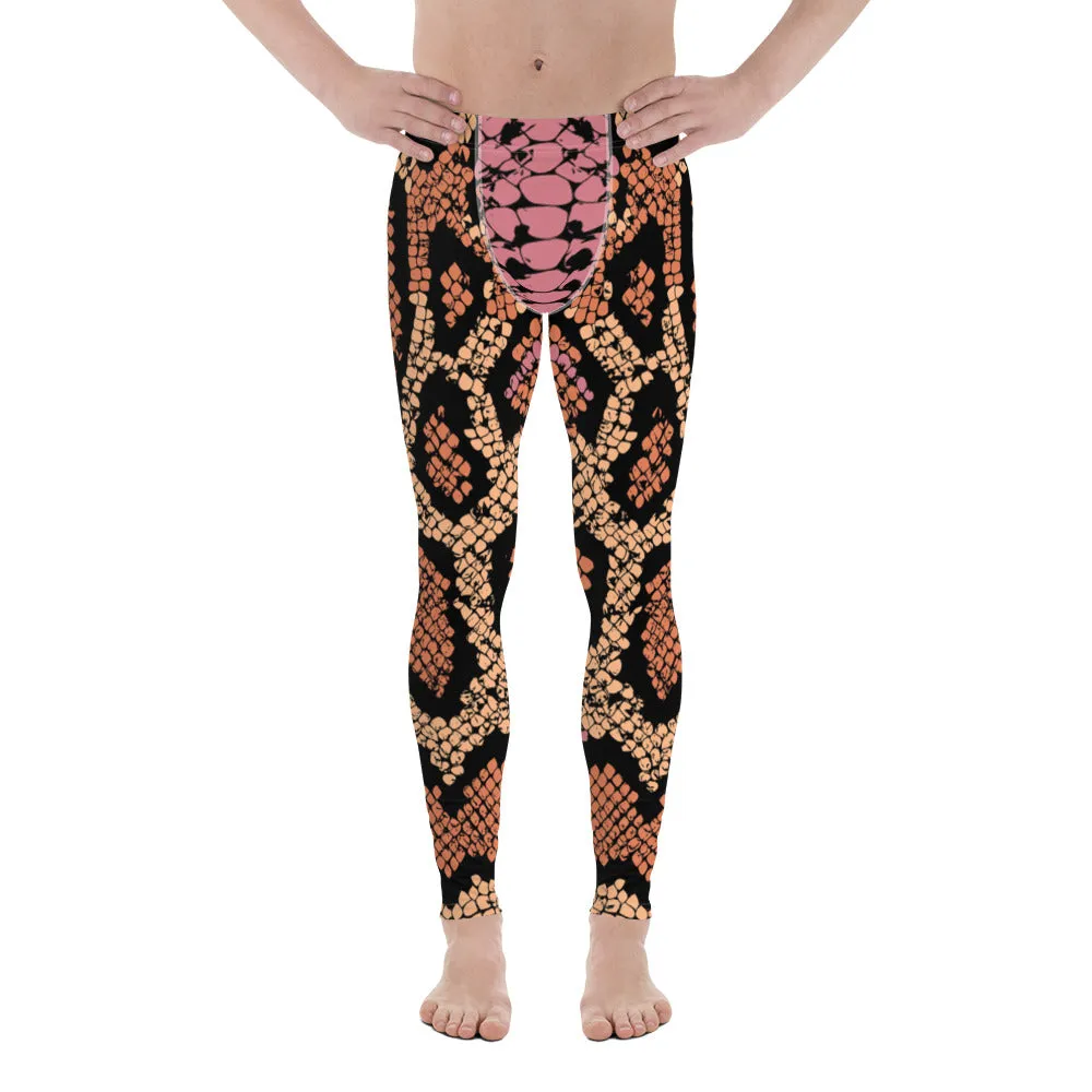 Pink Orange Snake Men's Leggings, Best Snake Print Men's Leggings Designer Running Tights- Made in USA/EU/MX