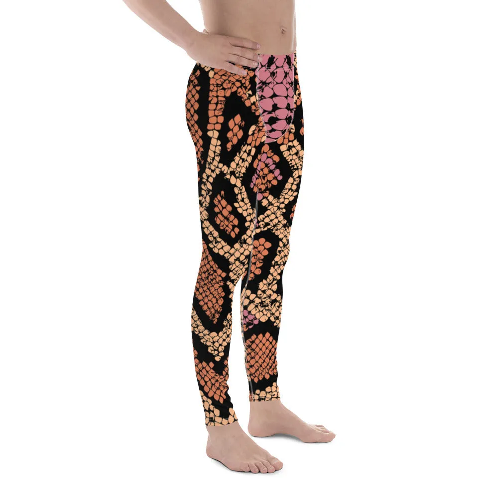 Pink Orange Snake Men's Leggings, Best Snake Print Men's Leggings Designer Running Tights- Made in USA/EU/MX