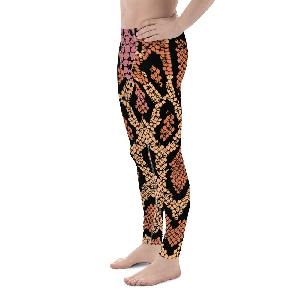 Pink Orange Snake Men's Leggings, Best Snake Print Men's Leggings Designer Running Tights- Made in USA/EU/MX